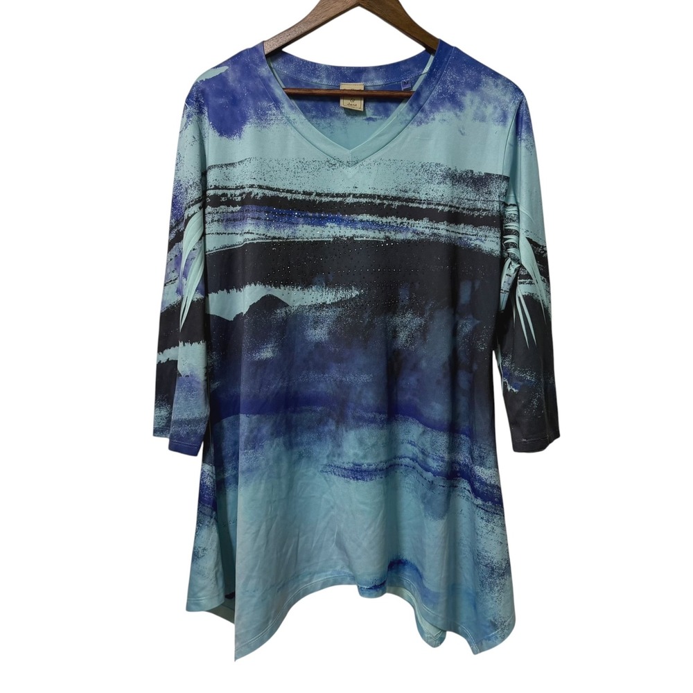 Jess & Jane Tunic Top Womens M Morning Fog Abstract Rhinestone Sharkbite Stretch